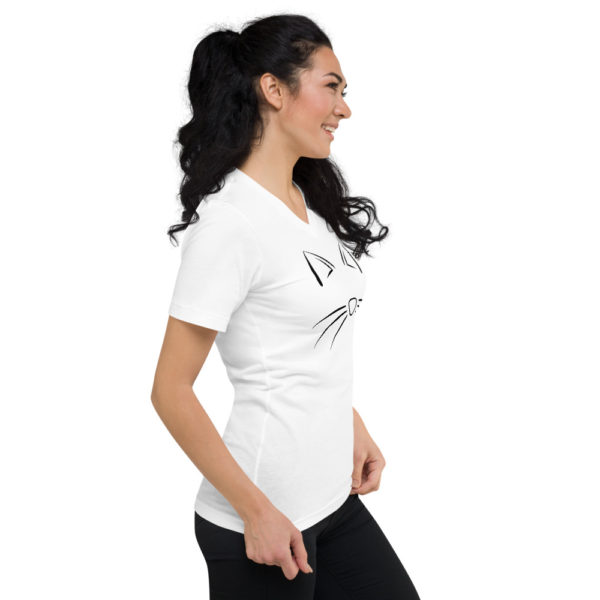 Women's Cat Short Sleeve V-Neck T-Shirt in White - Image 3