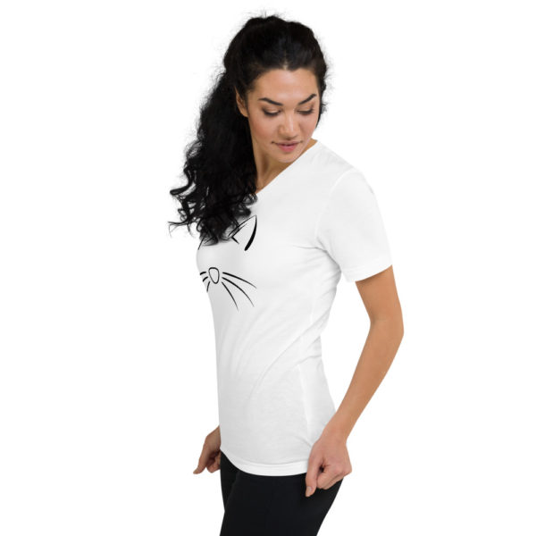 Women's Cat Short Sleeve V-Neck T-Shirt in White - Image 2