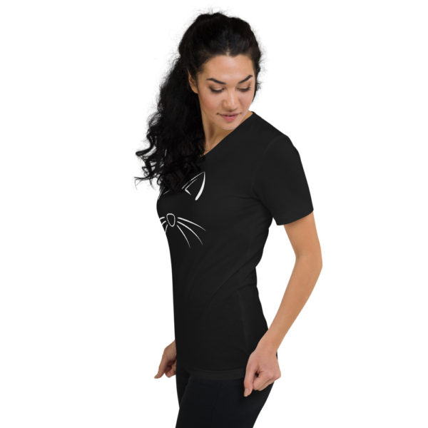 Women's Cat Short Sleeve V-Neck T-Shirt in Black - Image 2