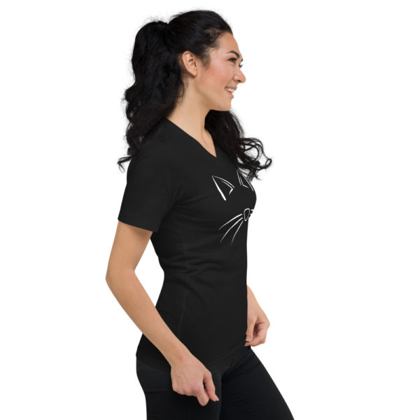 Women's Cat Short Sleeve V-Neck T-Shirt in Black - Image 3