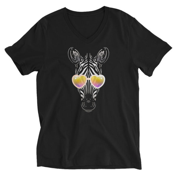 Zebra with Heart Sunglasses Unisex Short Sleeve V-Neck T-Shirt - Image 4